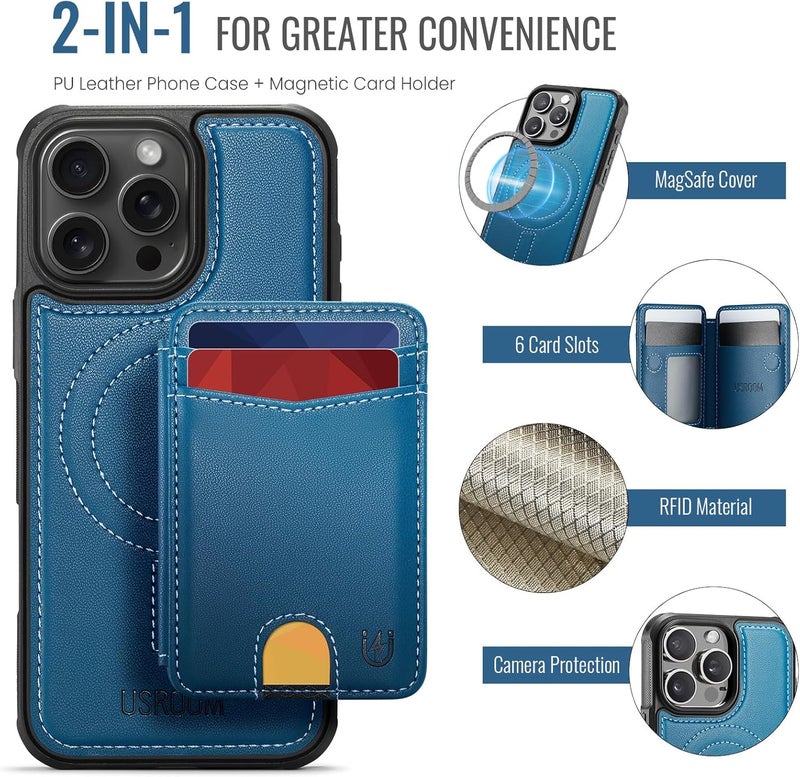 Usroom for iPhone 16 Pro Detachable Wallet Case with Card Holder, 2 in 1 RFID Blocking Credit Slots Kickstand Shockproof Phone Wallet for iPhone 16 Pro 6.3" Blue - Image 4